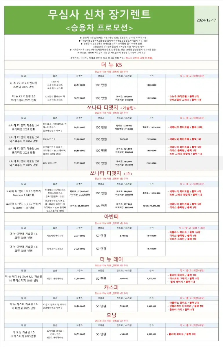 2024.12.17 장기렌트차량현황